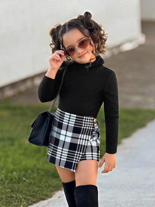SHEIN Set de 2 piezas con blusa de cuello alto y falda escocesa para niñas, adecuado para uso diario, ropa de otoño para niñas