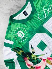 ROMWE MEN Prep T-shirt à manches longues col rond pour homme avec imprimé floral et numérique contrastant, pour l'automne