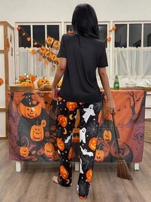CoupledUp Women's Halloween Pumpkin, Bat, Ghost Cartoon Print Knit Short Sleeve Pajama Set - Black - View 8