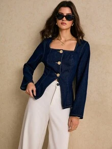 Poéselle Women's Square Neck Long Sleeve Single-Breasted Casual Denim Coat Navy Blue Denim Coat Denim Top Women - Dark Wash - View 6