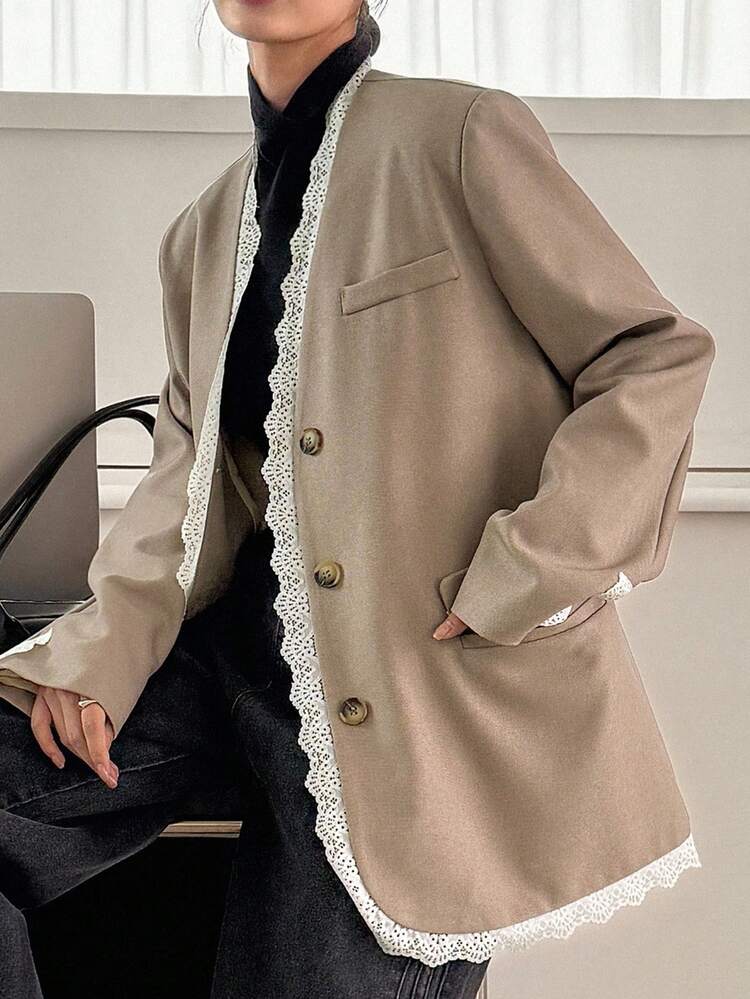 Women's V-Neck Lace Patchwork Contrast Color Decor Loose Casual Blazer Business Attire