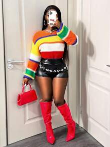 BamGleam 女士彩色条纹圆领短款休闲宽松性感针织毛衣