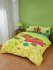 SCOOBY-DOO X SHEIN 3pc Soft & Cozy Cartoon Dog & Floral Print Duvet Cover Set,Suitable For Single Bed/Double Bed/Queen Bed/King Bed, Dormitory/Home - Green - View 4