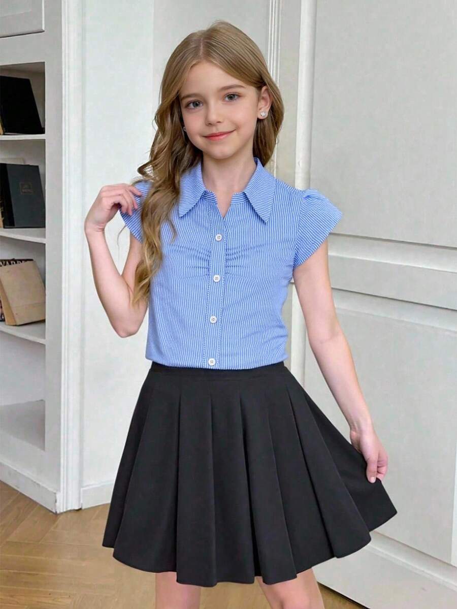 女童经典蓝色条纹短袖立领开衫衬衫 - 淺藍色 - 查看 1