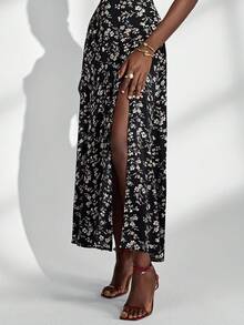 Almamuse Robe élégante pour femmes avec bretelles fines, encolure drapée et fente haute à l'ourlet - Noir - Voir 7