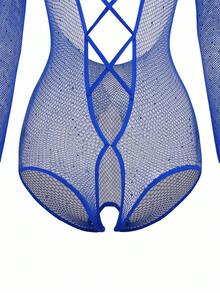 SHEIN 女士亮面网眼镂空长袖连体衣外出内衣 - 寶藍色 - 查看 6