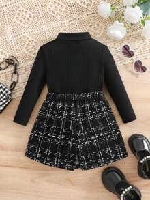 SHEIN Babygirl Knitted Black Long Sleeve Top And Plaid Elastic Waist Shorts Set, Autumn/Winter Fall