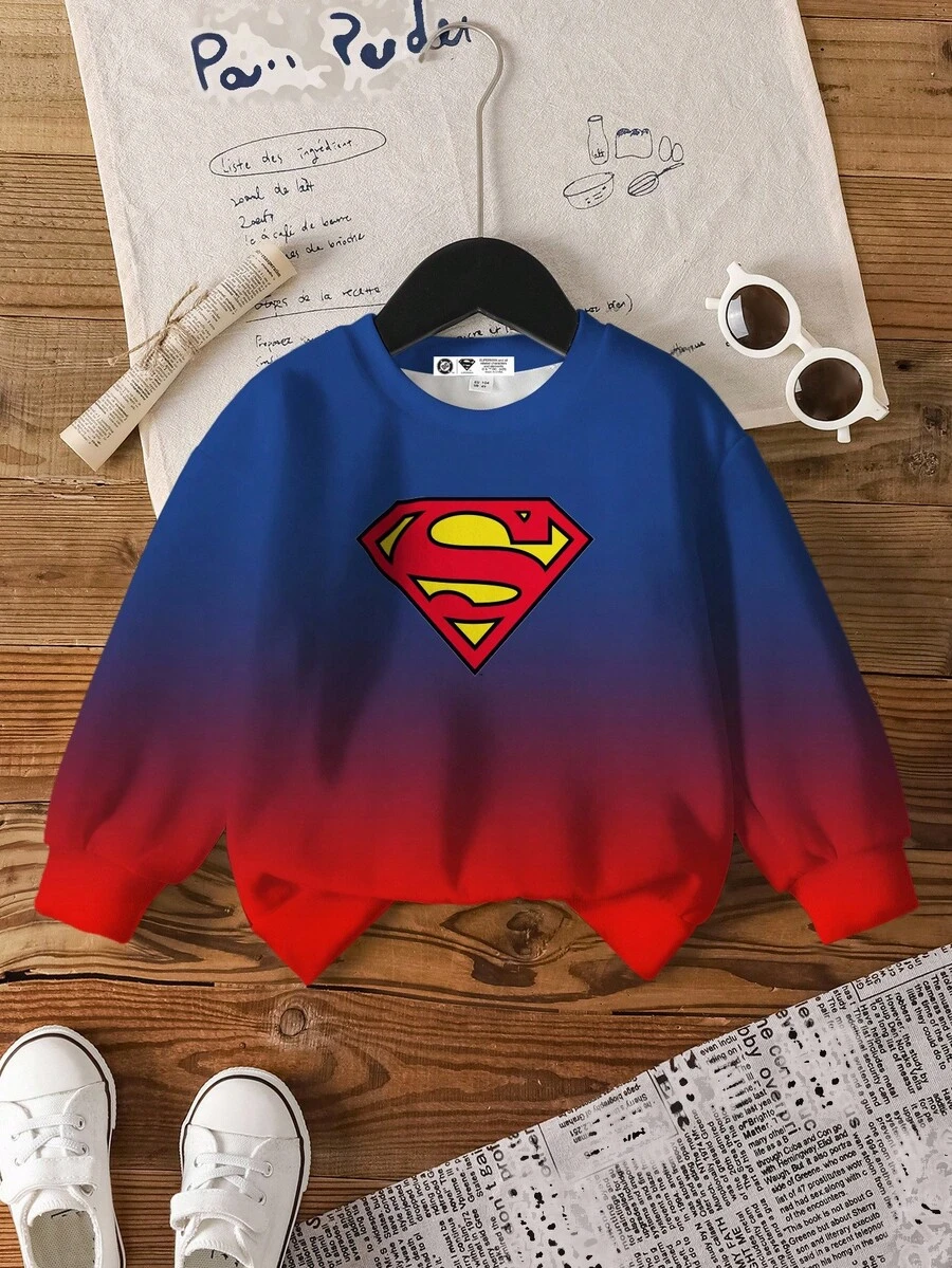 SUPERMAN X SHEIN Young Boy Casual Daily Gradient Print Crew Neck Sweatshirt Fall Winter - White - View 1