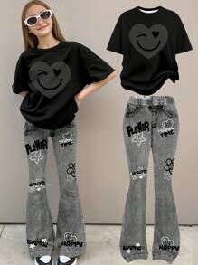 SHEIN Leap Crew 2pcs/Set Teen Girl Casual Loose Heart & Face Graffiti Print Round Neck Short Sleeve T-Shirt And Flare Pants Outfit, Suitable For Summer, Autumn, Suitable For Home, Outing, Street Photography, Campus - Multicolor - View 1