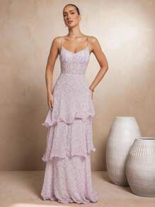 Women's Ditsy Floral Printed Triple Tier Maxi Dress Summer Birthday Wedding In PInk - Pink - View 1