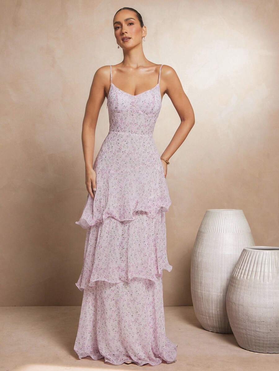 Women's Ditsy Floral Printed Triple Tier Maxi Dress Summer Birthday Wedding In PInk - Pink - View 1