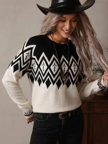 Women's Two-Tone Jacquard Bohemian Western Casual Sweater, LanaWest Fall Winter Cloth For Women - Black - View 5