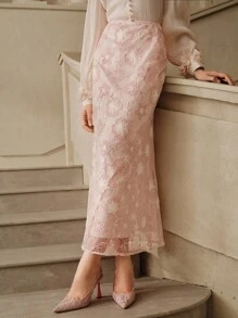 SHEIN Unity Women's Elegant Floral Embroidered Skirt, Romantic Pink - Pink - View 4