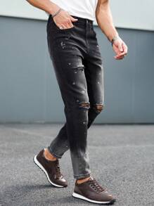 Manfinity Homme 男士街头时尚休闲破洞紧身黑色牛仔裤，emo 风格 - 黑色 - 查看 3