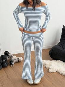 Teenage Girls' Casual Striped Transparent Shoulder Strap Off Shoulder Long Sleeve Top And Simple Knit Flare Pants, Spring/Autumn - Baby Blue - View 6