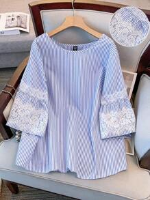 Regalyn Maglietta ampia a righe e stampe per donne di taglia grande, semplice con collo rotondo, con inserti in pizzo, adatta per uscire, vacanze, stile boho estivo