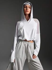 SHEIN Sports 女士休闲纯色运动网眼拼接卫衣 - 白色 - 查看 1