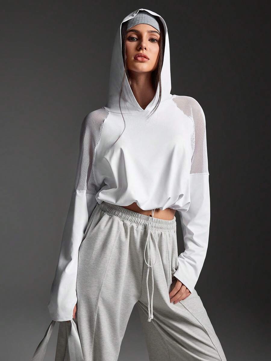SHEIN Sports 女士休闲纯色运动网眼拼接卫衣 - 白色 - 查看 1
