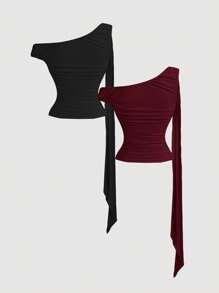 SHEIN MOD Conjunto de camisola elegante con volantes asimétricos y decoración vintage de metal - Burdeos - Ver 2