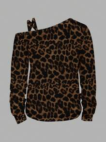 SHEIN LUNE Áo thun dài tay nữ họa tiết da báo, kiểu dáng thường ngày, thích hợp cho mùa thu/đông, trang phục công sở thường ngày, áo mùa thu cho nữ, kiểu trễ vai, phong cách thường ngày. - Nhiều màu - Xem 3