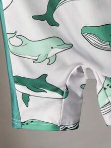 SHEIN 2 件套男童可爱卡通图案拼色长袖防晒衣和帽子泳衣套装，适合海滩、泳池、春夏季 - 綠色 - 查看 5