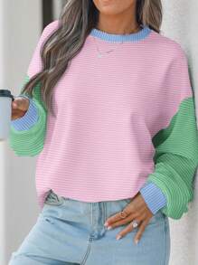 SHEIN EZwear 女士休闲简约拼色条纹圆领短袖宽松T恤，适合秋冬季 - 彩色 - 查看 4