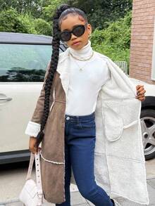 SHEIN Tween Girl Collared Long Sleeve Fleece Coat, Casual Daily Fashion Versatile Brown Coat - Brown - View 5