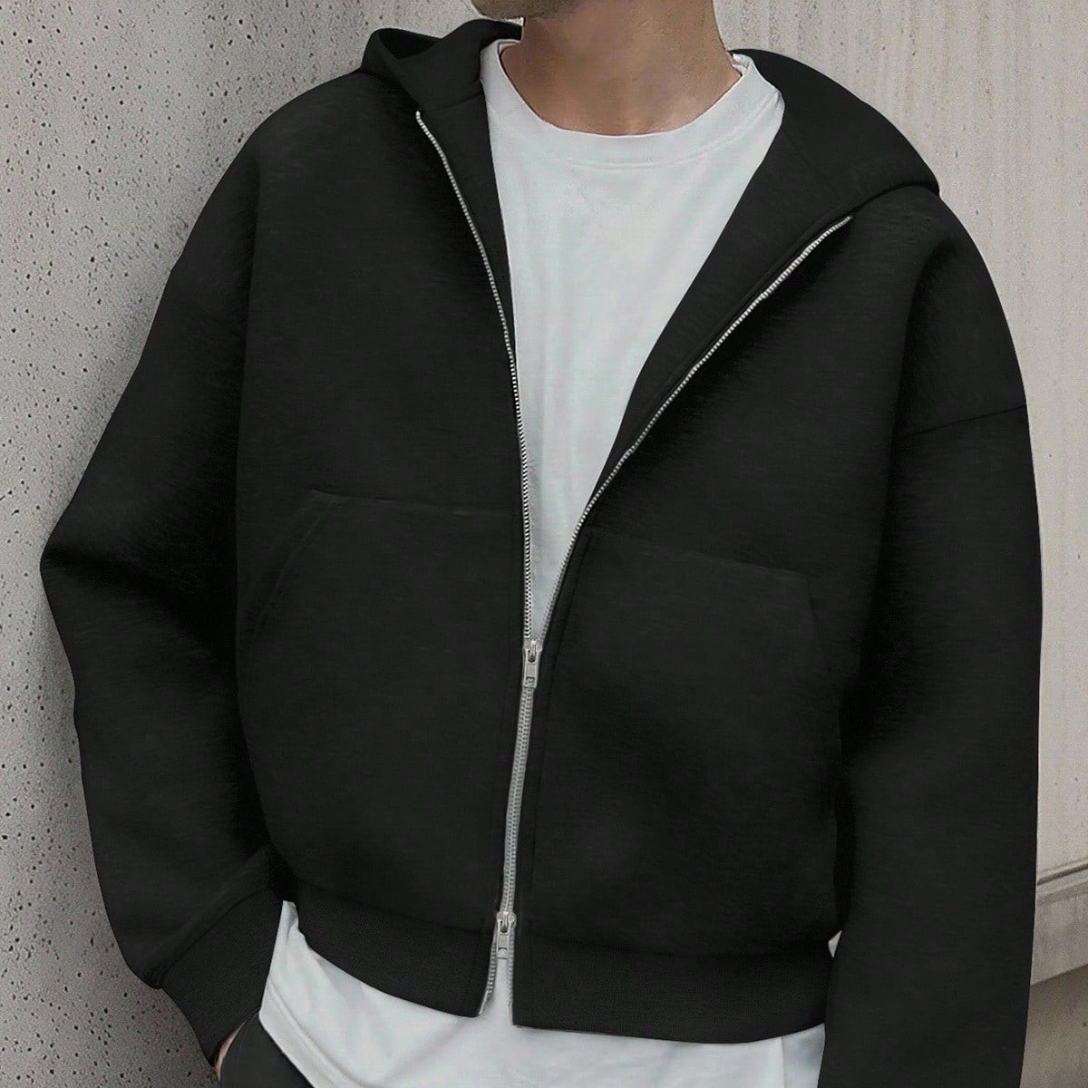 Sudadera con capucha casual de manga larga con cremallera y hombros caídos de unicolor para hombres