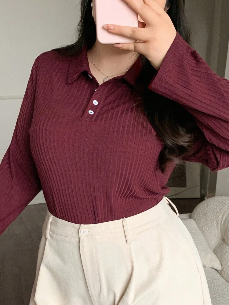 Dazy Plus Christmas Polo Collar Half-Zip Long Sleeve Ribbed Loose Burgundy Loose T-Shirt For Women