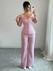 Elenzga Ținută elegantă de petrecere pentru femei, cu guler roz, din două piese, toamnă - Roz - Vizualizare 1