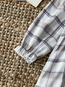 SHEIN Korean Style Plaid Print 2 In 1 Dress, Sweet Princess Baby Outfit, Spring/Autumn - Apricot - View 3