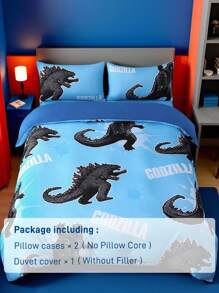 GODZILLAxKONG X SHEIN 3pcs Cartoon Pattern Bedding Set, Soft, Breathable And Warm, Suitable For Single/Double/Queen/King Size Beds, Great For Children,Dinosaur For Bedroom Decor