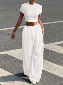 Muchica 2 件套女士休闲圆领短袖上衣和阔腿裤套装，夏季 - 白色 - 查看 5