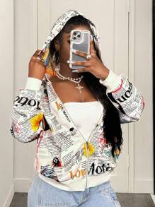 BamGleam Sudadera con capucha de mujer con estampado retro de periódico - Blanco y Negro - Ver 7