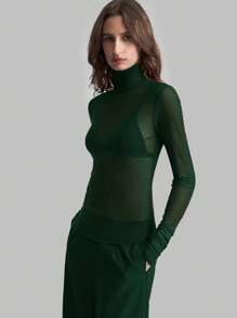 Ontre Stockholm Style, Women's Teacher Outfit, Autumn Clothing, High Collar Turtleneck Knit Top, Elegant Autumn/Winter Blouse, Mesh Long Sleeve Shirt, Business Casual Women's Basic Top - Dark Green - View 7