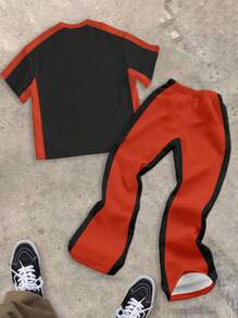 SHEIN Dwuczęściowy zestaw dla chłopców: koszulka z nadrukiem i spodnie dzwony, odpowiedni na lato - Wielokolorowe - Zobacz 2