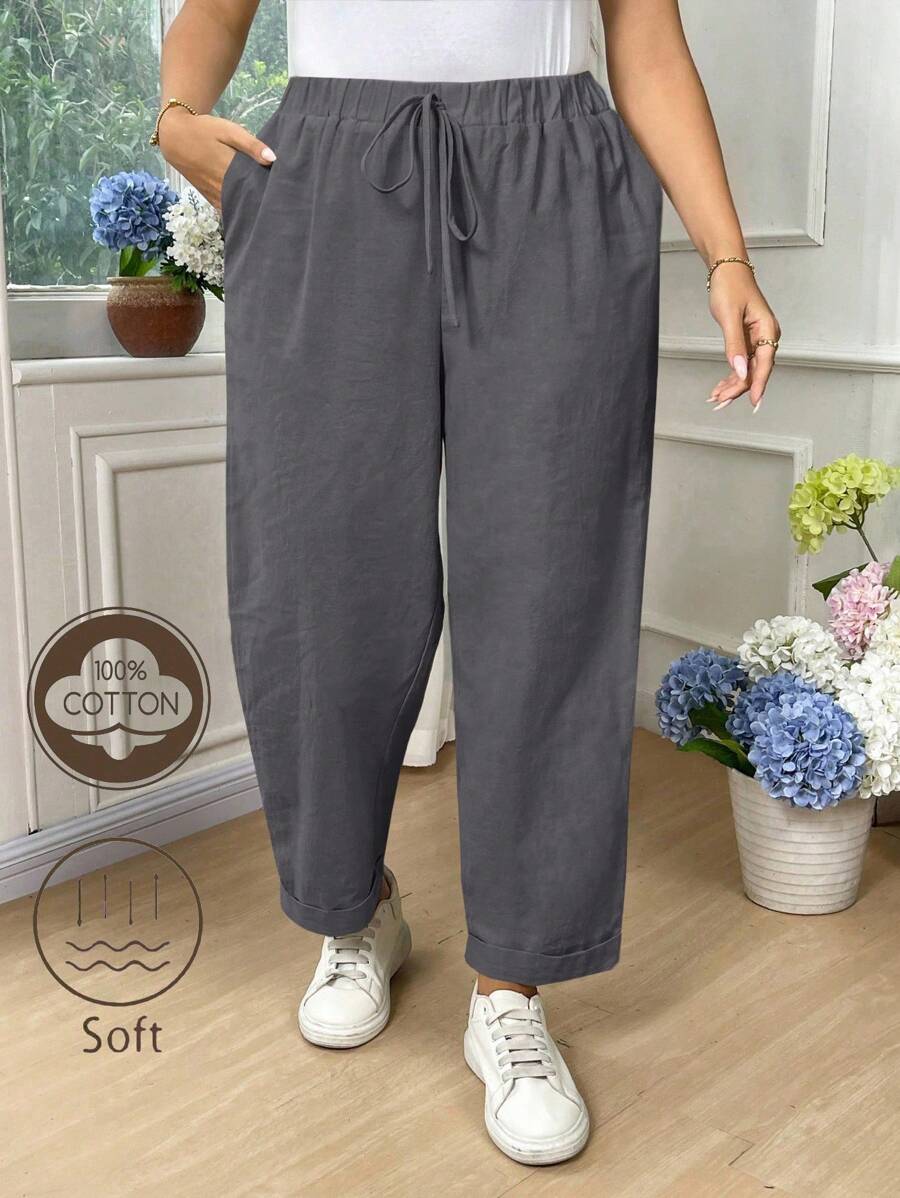 SHEIN LUNE CURVE Quần dài vải cotton đa năng, thường ngày, cỡ lớn dành cho nữ - Màu xám đen - Xem 1
