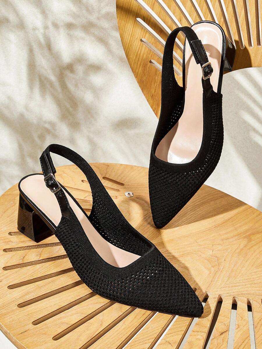 CUCCOO BASICS Damen Spitze Sexy Plateau Absatz Mittlerer Absatz Schwarze Strick Slingback Schnallengurt Atmungsaktive Frühlingssschuhe - Schwarz - Übersicht 1