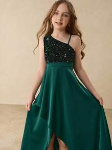 Elegantes Blumenkleid für Tween Mädchen für Abschluss, Hochzeit, Ball, tiefgrünes Satinkleid mit Pailletten, einschultrig, ärmellos, Midi-Länge für Halloween, Weihnachten, Party, Mädchen Asymmetrischer Saum, aufgeblähter Rock Prinzessinnenkleid für Schulanfang - Dunkelgrün - Übersicht 3