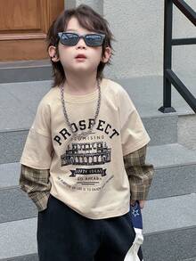 DAZY 幼儿男童宽松圆领T恤，格子袖字母印花，休闲秋季款 - 卡其色 - 查看 6