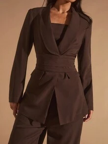 Glamine 3-częściowy damski brązowy komplet garniturowy z szalowym kołnierzem, damski swobodny, uniwersalny komplet garniturowy, odpowiedni do biura, dojazdów do pracy, wyjść, luźny, swobodny komplet garniturowy, jesienny komplet damski, brązowy komplet biurowy, damski, 3-częściowy komplet garniturowy, elegancki komplet damski