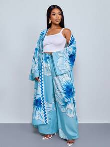 SOLERSUN 热带印花比基尼套装（含和服）夏季沙滩套装+随机印花图案比基尼两件套，女士两件套，适合海滩度假、约会、旅行大码女装 - 藏蓝色 - 查看 3