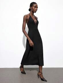 Maija 女式时尚纯色金属环连衣裙 - 黑色 - 查看 5