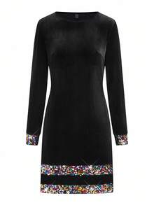 Ellevyn 女式圆领针织弹力长袖天鹅绒亮片装饰优雅日常休闲派对迷你连衣裙，秋冬 - 彩色 - 查看 3