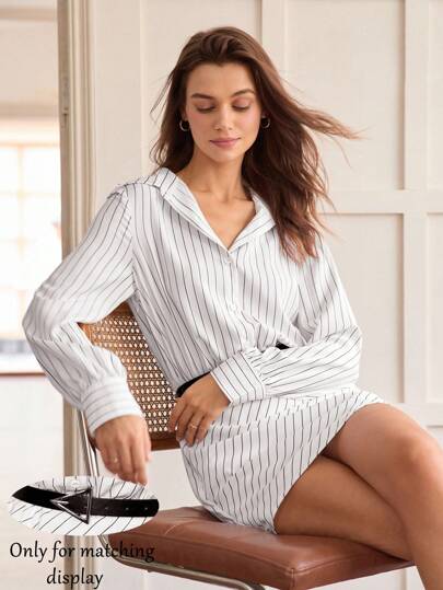 Hanevo Sexy Belted Long Sleeve Striped Button-Up Elegant Casual Street School Party Wear Long Sleeve Women Shirt Dress, Autumn/Winter Fall Cloth For Women