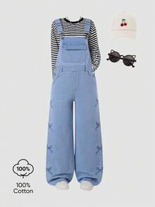 SHEIN 女童蝴蝶结刺绣牛仔背带裤，夏季休闲甜美风格，适合返校季 - 淺色水洗藍 - 查看 7