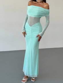 Aloruh 女士时尚优雅露肩荷叶边连衣裙 - 藍色 - 查看 5