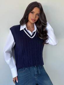 Firerie 女式条纹撞色麻花针织 V 领毛衣背心（不含衬衫），基本款日常通勤针织上衣，百搭必备，秋冬服装，通勤，优雅，休闲，日常，工作 - 藏蓝色 - 查看 5