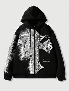 ROMWE MEN Goth 男式连帽运动衫，带标语印花和正面拉链，学校