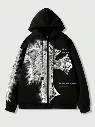 Goth Herren Kapuzenpullover mit Slogan Muster und Reißverschluss Vorne, Schule